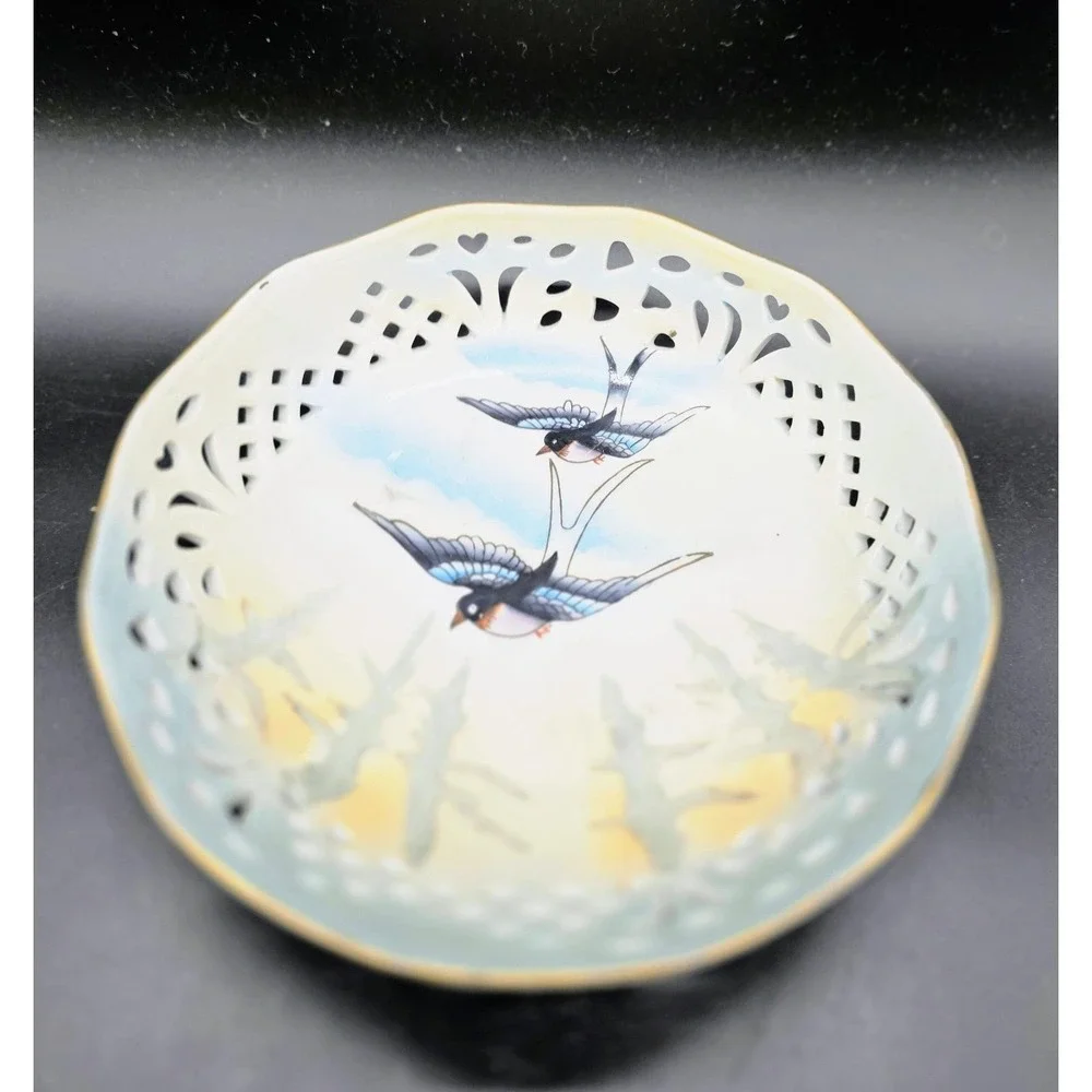 Vintage Hand Painted Pierced Porcelain Bowl Candy Dish Bird Swallow 7.75